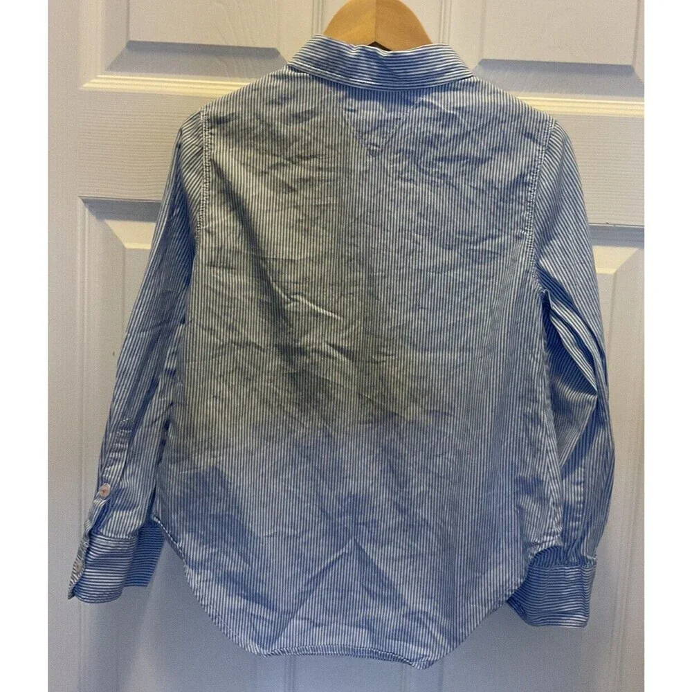Tommy Hilfiger Girls S (7) Blue White Pinstripe Fitted Long Sleeve Button Up Top - Picture 4 of 7